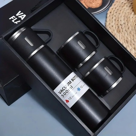 Vacuum flask and 2 cups set (500 ml Black)