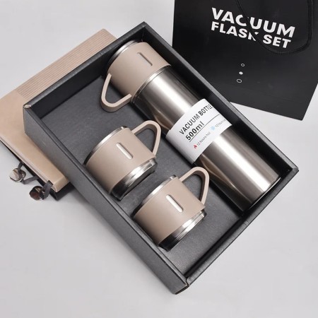 Vacuum flask and 2 cups set (500 ml Silver)